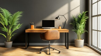 Fototapeta premium Modern home office with a sleek wooden desk, minimalist decor, and a potted plant. A simple, calming workspace with natural light filtering in.