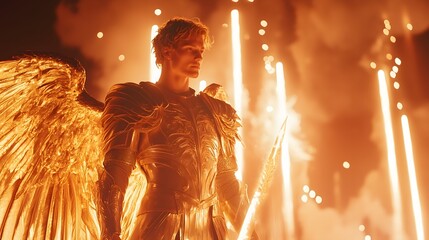 Divine Warrior: Archangel Michael Stands Tall Clad in Shining Golden Armor with Wings Spread Wide and Glowing Sword – A Representation of Spiritual Valor