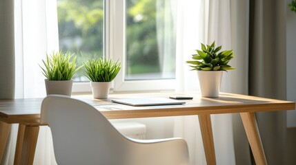 Modern home office setup with a wooden table, chic white chair, and small potted plants. The design is minimal yet functional, emphasizing simplicity.