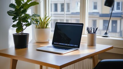 Modern home office with a sleek wooden desk, minimalist decor, and a potted plant. A simple, calming workspace with natural light filtering in.