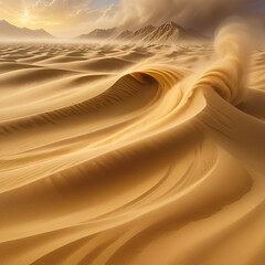 A vast desert landscape with rolling sand dunes, a swirling dust devil in the distance, and a golden sky with clouds. The scene is bathed in warm, golden light.