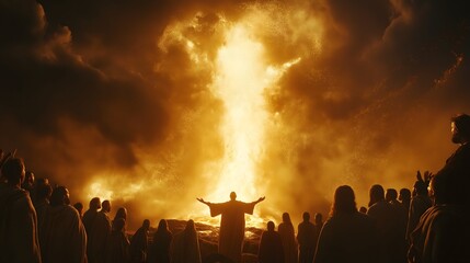 Biblical Scene: Elijah Stands Alone on the Peak of Mount Carmel with Arms Raised as People Climb Towards Him – A Religious Representation of Christianity