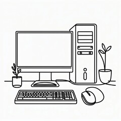 Line art illustration of a computer setup with plants for modern workspace themes