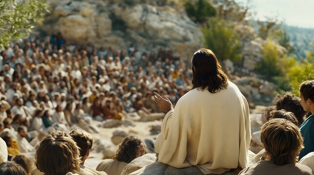 Biblical Scene: Rear View of Jesus Christ Addressing a Crowd of People &ndash; A Religious Representation of Christianity