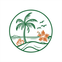 
logo, palm tree and beach scene with flowers in the foreground, vector line art on white background,
