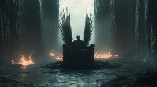 Apollyon as a Fallen Angel in Dark Regal Majesty, Seated on a Throne with an Aura of Power and Terror, Exuding a Fearsome Presence of Darkness and Authority
