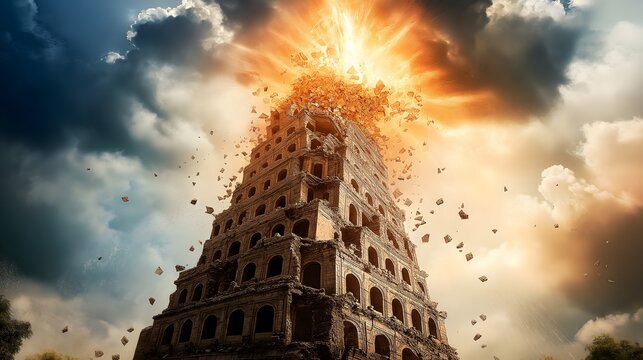 The Moment the Tower of Babel Begins to Collapse Amid Chaos and Confusion, Symbolizing the Division of Humanity and the Fall of a Grand Biblical Monument