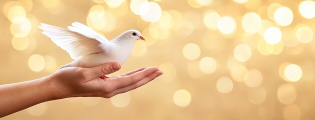 Naklejka premium A gentle hand releasing a white dove into soft golden light, embodying hope and tranquility in a serene moment of freedom