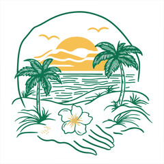 
logo, palm tree and beach scene with flowers in the foreground, vector line art on white background,

