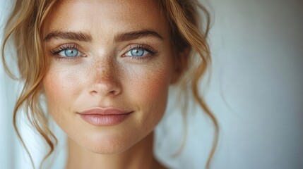 Naklejka premium mature woman with radiant skin stands against a clean white backdrop embodying beauty and grace in a skincarefocused concept her expression serene and confident