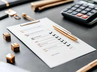 A checklist with a gold pen and other office supplies on a black desk. The checklist is partially filled out, suggesting productivity.