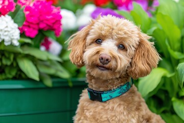Fototapeta premium Toy poodle explores a colorful garden filled with bright flowers in soft natural light