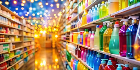 Fototapeta premium Household Chemicals Store with Bokeh Effect - Cleaners and Supplies