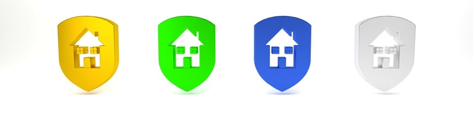 Colorful House under protection icon isolated on white background. Home and shield. Protection, safety, security, protect, defense concept. Minimalism concept. 3D render illustration