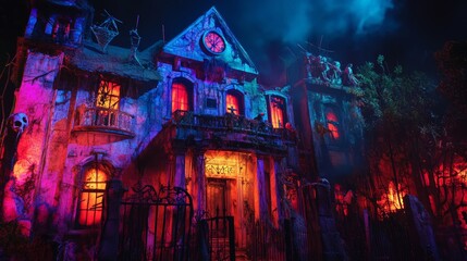 Eerie Haunted House Attraction Illuminated with Spooky Red and Blue Lights on Halloween Night