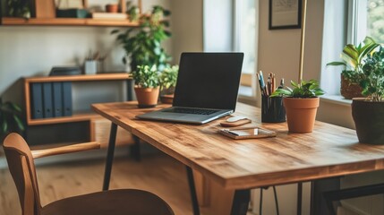 Fototapeta premium Stylish home office featuring a wooden table, ergonomic chair, small decor pieces, and a potted plant in the corner. The design is clean and functional.