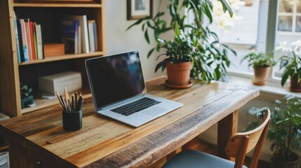 Fototapeta premium Stylish home office with a wooden table, ergonomic chair, minimal decor, and a potted plant. The design emphasizes simplicity and comfort.
