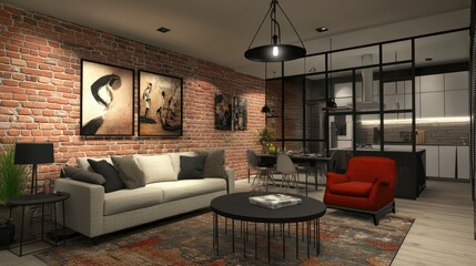 Urban contemporary living room with industrial-style exposed brick wall, modern lighting, and a bold, contrasting color scheme in furnishings.