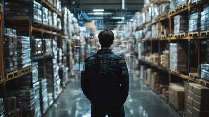 A logistics manager overseeing a busy warehouse, with a transparent second layer of digital graphs and inventory data floating over the scene, leaving clean copy space on the floor and walls