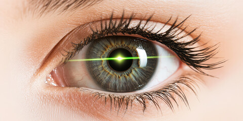 Fototapeta premium Human eye with a laser beam directed onto it, retinal authorization and detection, laser vision correction