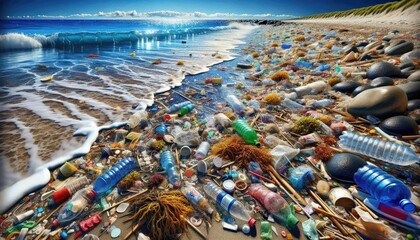 Plastic Waste and Debris Scattered Across a Pristine Beach, Highlighting the Contrast Between the Natural Beauty of the Ocean and the Environmental Damage Caused by Human Pollution