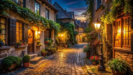 Fototapeta premium Illuminated Street Alcove Corner at Night - Serenity and Charm in Low Light Photography