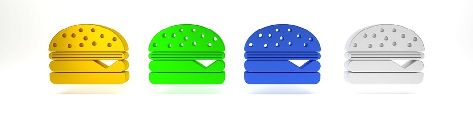 Colorful Burger icon isolated on white background. Hamburger icon. Cheeseburger sandwich sign. Minimalism concept. 3D render illustration