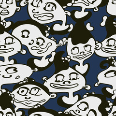 Seamless background with funny faces of anthropomorphic creatures. Humorous characters with different emotion