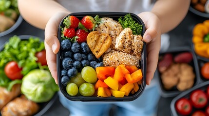 Close up of human hands packing a lunchbox with a variety of nutritious snacks and foods preparing for the first day back to school with a healthy balanced meal