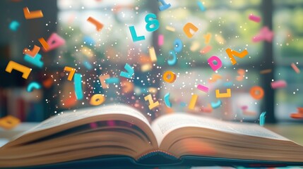 open book with flying colorful letters and digits. dyslexia concept