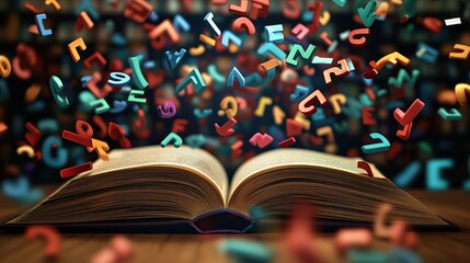 open book with flying colorful letters and digits. dyslexia concept