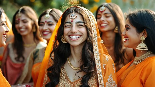 A group of cheerful women in saris.
