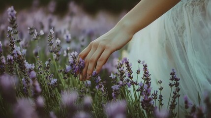 Hand Touching Lavender Flowers in Summer Field, Relaxing Nature Scene, Generated AI