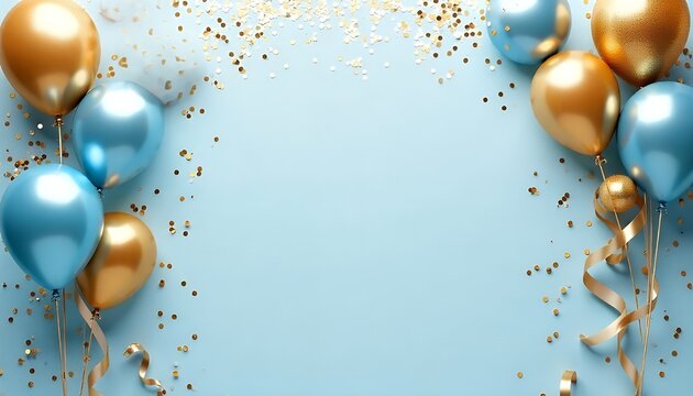 Blue and gold balloons with confetti on a light blue background.