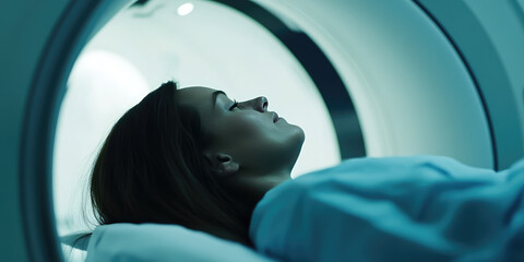 MRI procedure. Woman is lying down at CT scanner bed. Computerized diagnostics on modern medical equipment