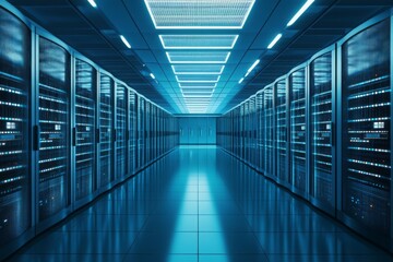 Fototapeta premium Futuristic Data Center: Rows of Servers in a Blue-Lit Server Room