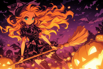 Obraz premium Halloween witch flying on a broomstick with pumpkins and bats anime style illustration. 