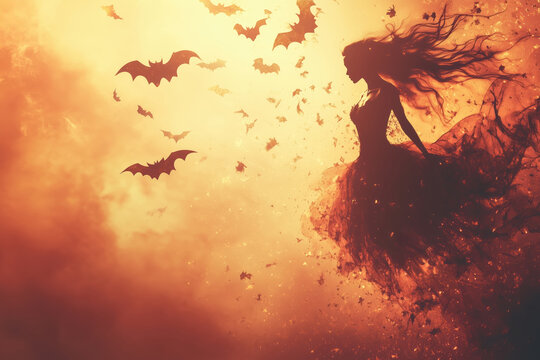 Halloween fantom woman silhouette flying in the air. Orange background with copy space on the left. 