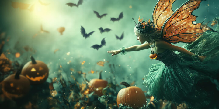 Halloween fantom queen woman with wings flying in the magic forest with pumpkins. Fantasy illustration baner with copy space on the left. 