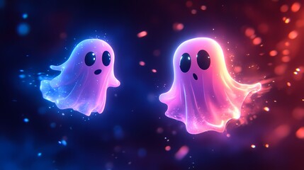 Naklejka premium Two colorful, cartoonish ghosts floating in a mystical atmosphere.