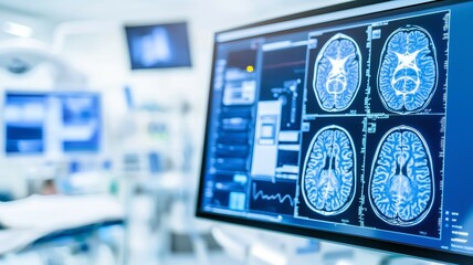Healthcare technology showcasing brain scans on a medical monitor in a modern hospital environment.