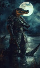 Fototapeta premium Armored alligator warrior stands in swamp.
