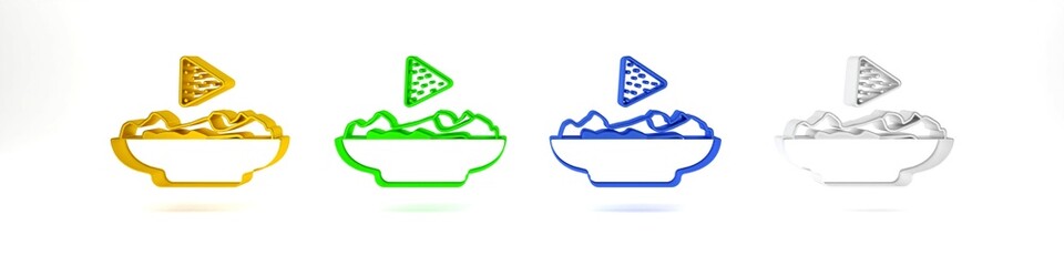 Colorful Nachos in plate icon isolated on white background. Tortilla chips or nachos tortillas. Traditional mexican fast food. Minimalism concept. 3D render illustration