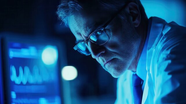 Concentrated scientist analyzing data in lab, illuminated by blue light, focused expression, technology-driven environment.