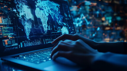 close up of hands typing on laptop, showcasing digital world map and data analytics, reflecting interconnectedness of global information