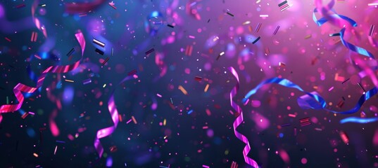 Futuristic Abstract Birthday Background with Neon-Colored Ribbons and Confetti on Digital Black Backdrop