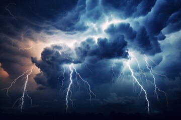 Multiple lightning bolts illuminating the sky with dramatic cloud formations on a white background
