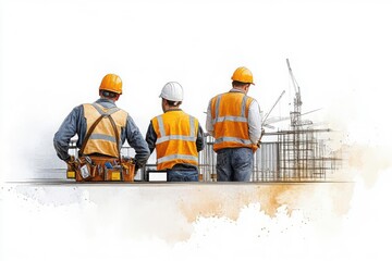 Construction workers near a security gate with ID badges, surrounded by soft watercolor backgrounds, Jobsite Security, Watercolor Control