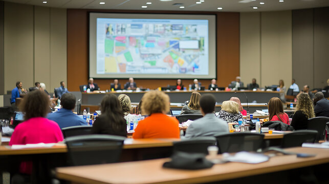 city council meeting in progress, with officials discussing potential infrastructure projects. Attendees are engaged, showcasing collaborative atmosphere