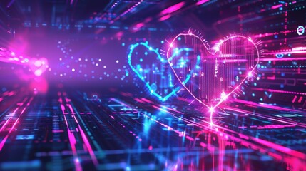 Naklejka premium Futuristic Valentine's Day Background with Glowing Neon Pink and Blue Heart-Shaped Circuits